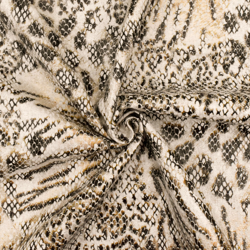Beige-Black-Multi Reptile Skin Printed Linen Blend Woven Fabric