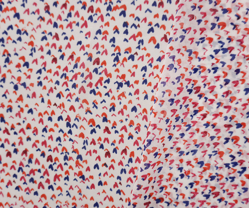 White-Red-Multi Poly Heart Printed Chiffon Woven Fabric