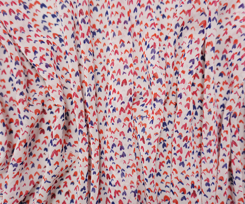 White-Red-Multi Poly Heart Printed Chiffon Woven Fabric