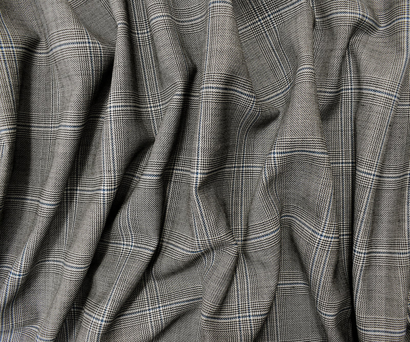 9 YD PC-Black-White-Blue Wool Poly Plaid Twill Woven Suiting Fabric