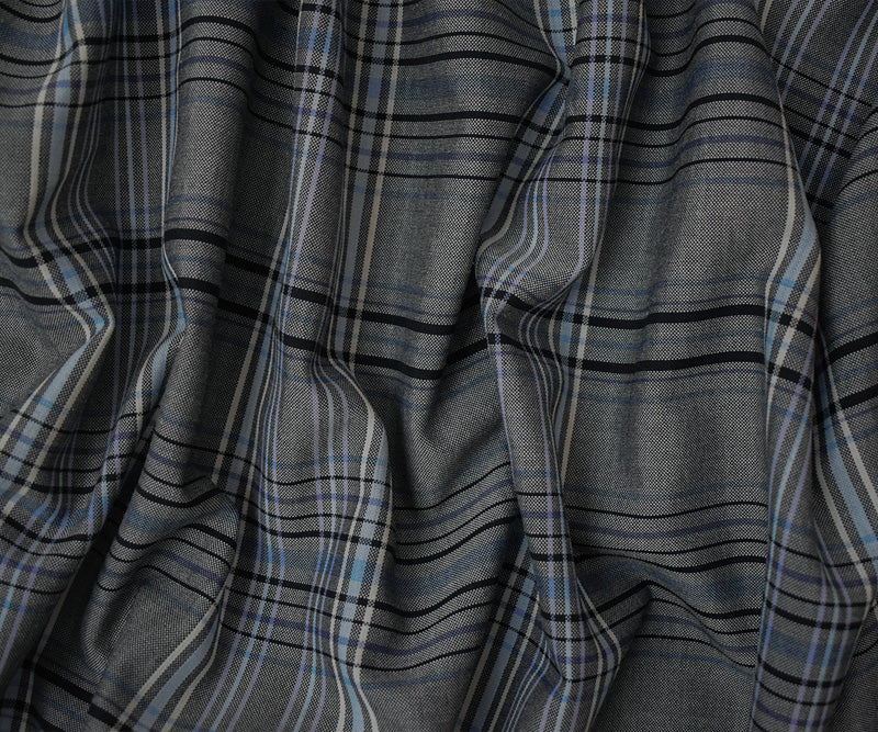 Black-Blue-White Poly Wool Japanese Plaid Woven Suiting Fabric