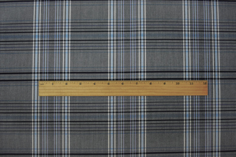 Black-Blue-White Poly Wool Japanese Plaid Woven Suiting Fabric