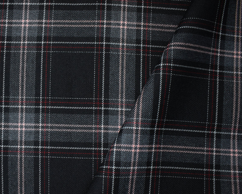 Black-Pink-Multi Poly Wool Plaid Twill Woven Suiting Fabric