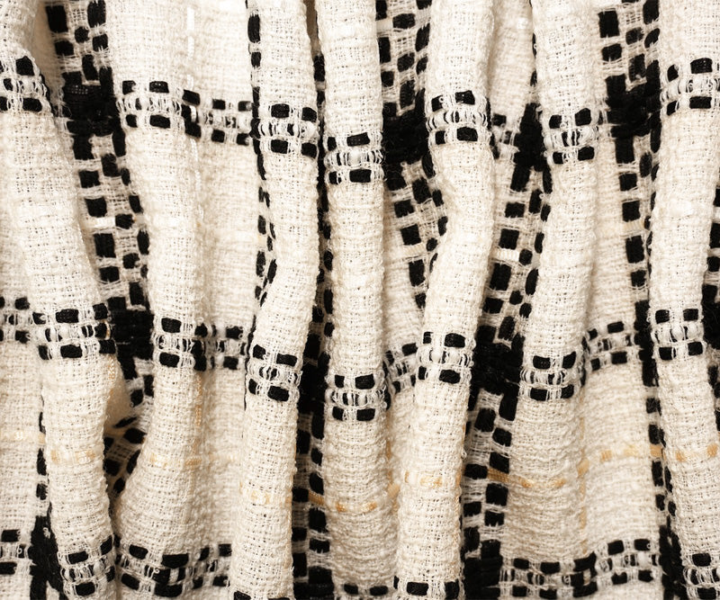 Ivory-Black Wool Nylon Plaid Tweed Woven Jacketing Fabric