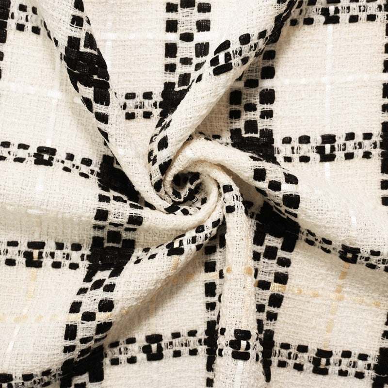 Ivory-Black Wool Nylon Plaid Tweed Woven Jacketing Fabric