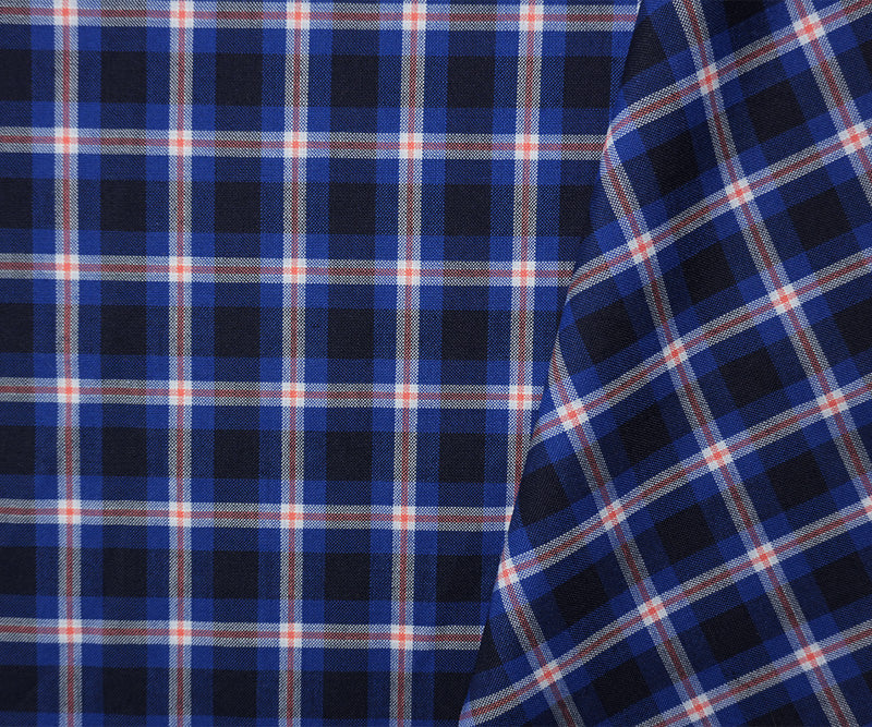 Blue-White-Orange Poly Wool Plaid Woven Shirting Fabric