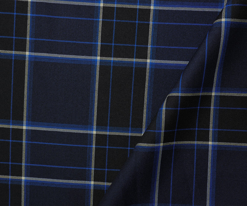 Blue-Black-White Poly Wool Plaid-Check Twill Woven Suiting Fabric