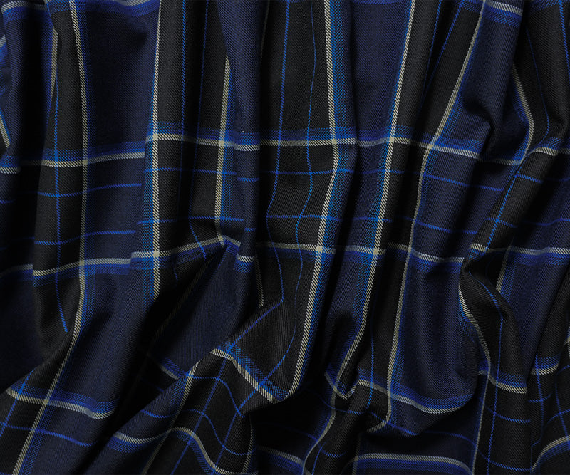 Blue-Black-White Poly Wool Plaid-Check Twill Woven Suiting Fabric