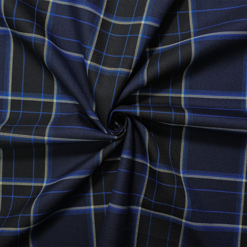 Blue-Black-White Poly Wool Plaid-Check Twill Woven Suiting Fabric