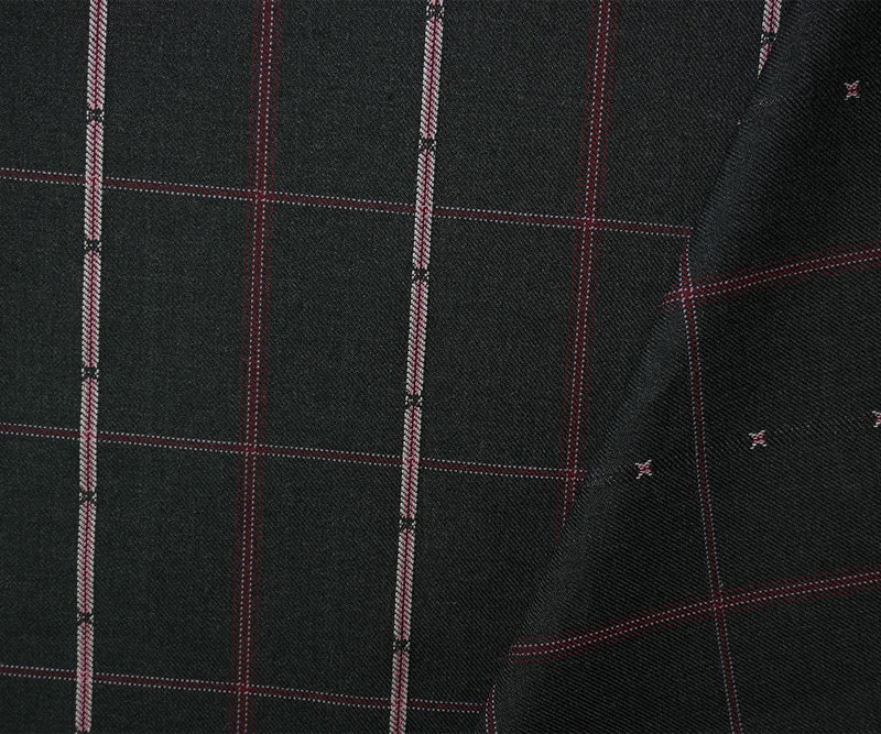 Black-Red-Multi Poly Wool Plaid-Check Twill Woven Suiting Fabric