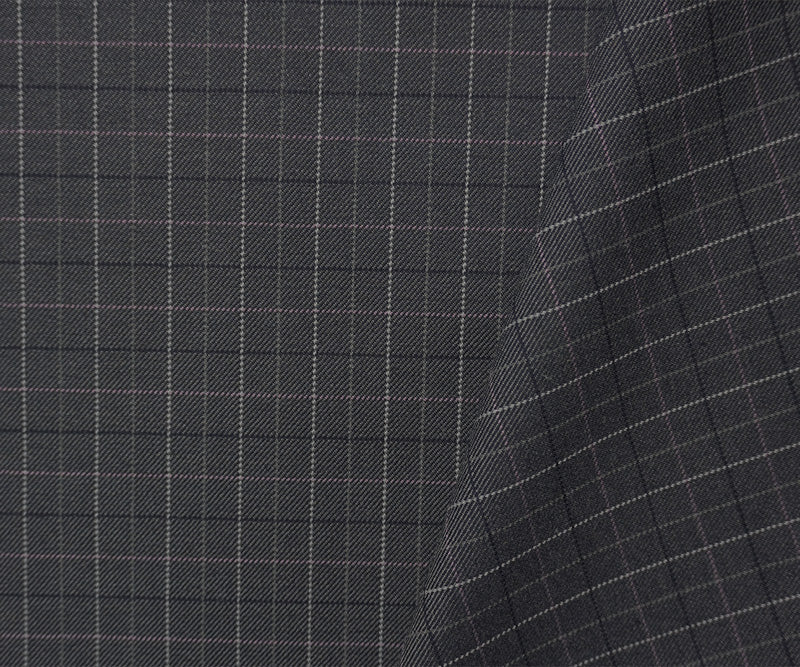 Gray-Blue-Pink Wool-Poly Check Twill Suiting Fabric