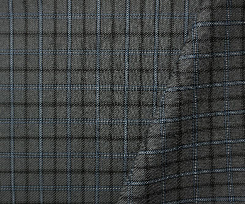Gray-Blue-Multi Wool-Poly Plaid Twill Suiting Fabric