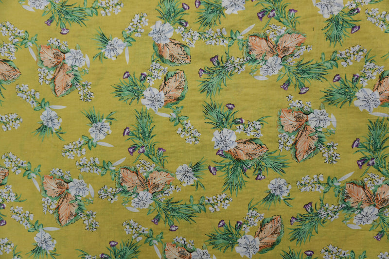 Yellow-Green-Multi Cotton Floral Printed Crinkled Voile Woven Fabric
