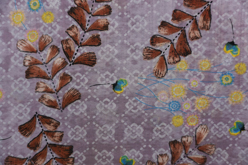 Purple-Multi Cotton Floral and Leaves Printed Voile Woven Fabric
