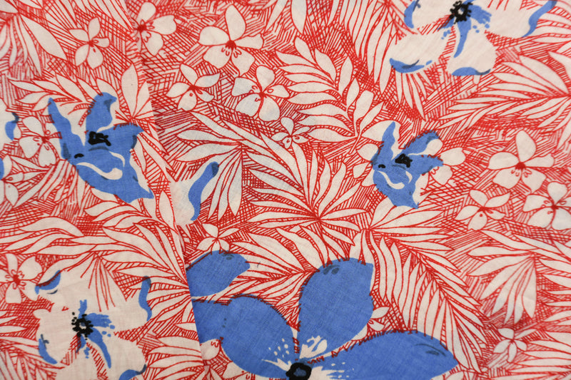 Red-White-Multi Cotton Floral Printed Voile Woven Fabric