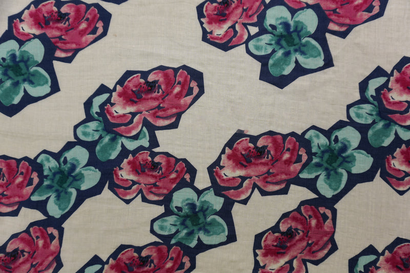 Ivory-Blue-Multi Cotton Floral Printed Voile Woven Fabric