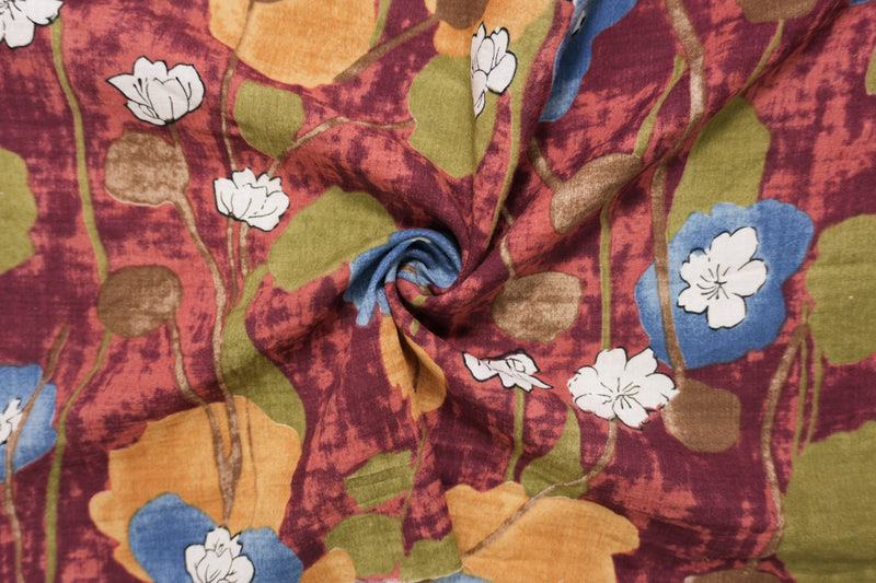 Red-Blue-Multi Cotton Floral Printed Voile Woven Fabric