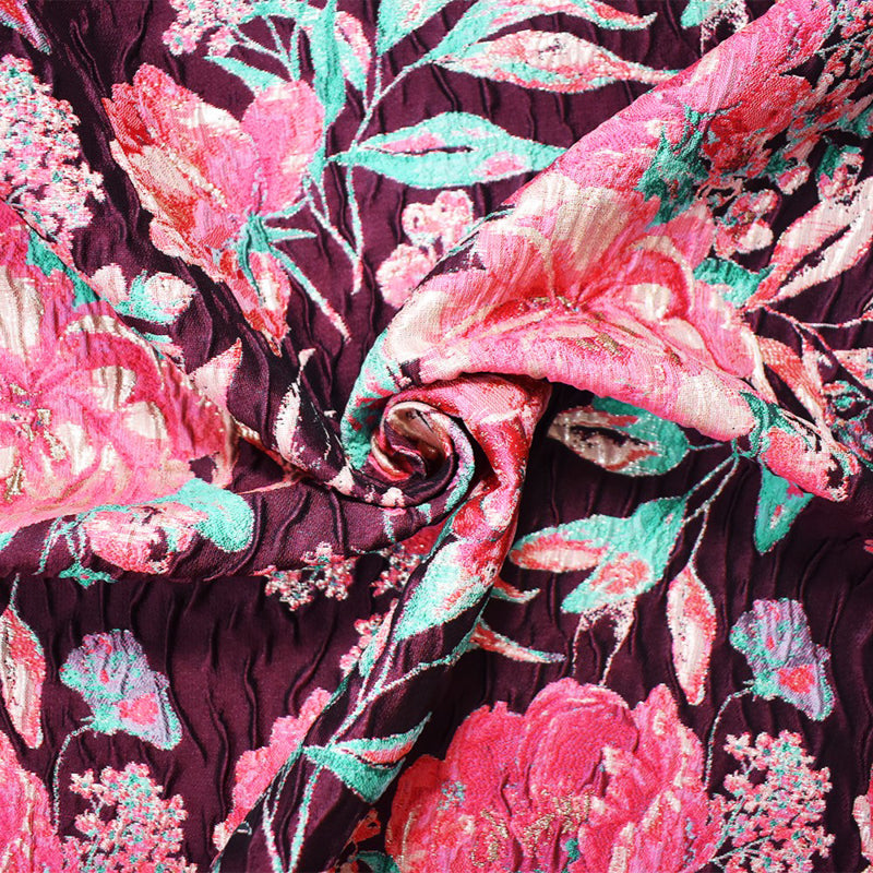 Burgundy-Pink Floral Jacquard Matelasse Brocade Woven Fabric
