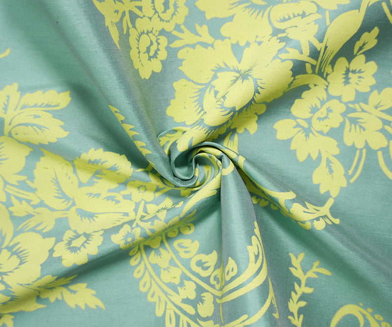 Green-Yellow Silk Floral Printed Taffeta Woven Fabric