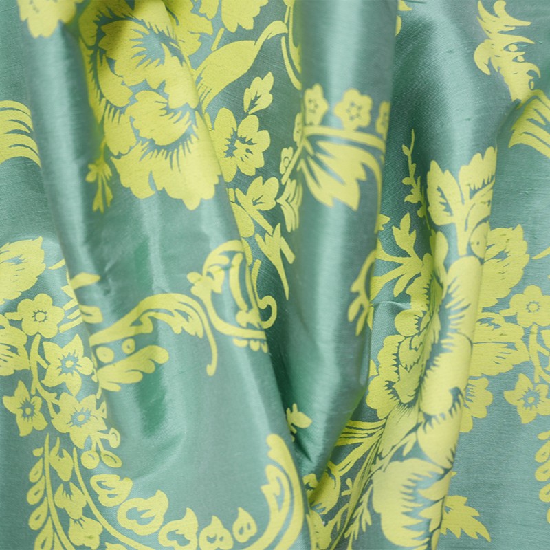 Green-Yellow Silk Floral Printed Taffeta Woven Fabric