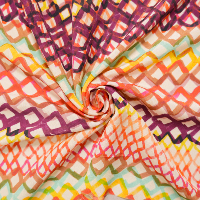 Beige Silk Painting Diamond Printed Crepe De Chine Woven Fabric
