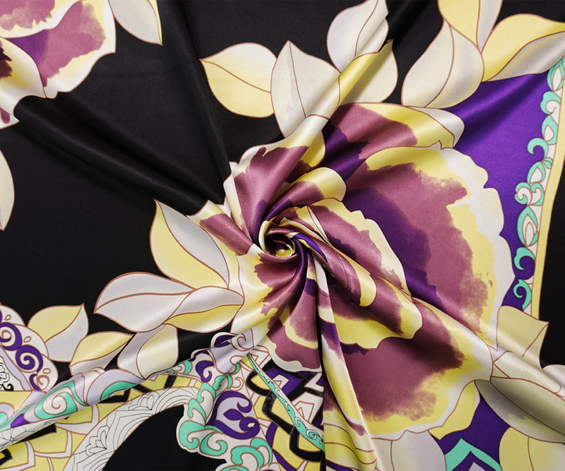 Black Silk Floral Printed Satin Woven Fabric