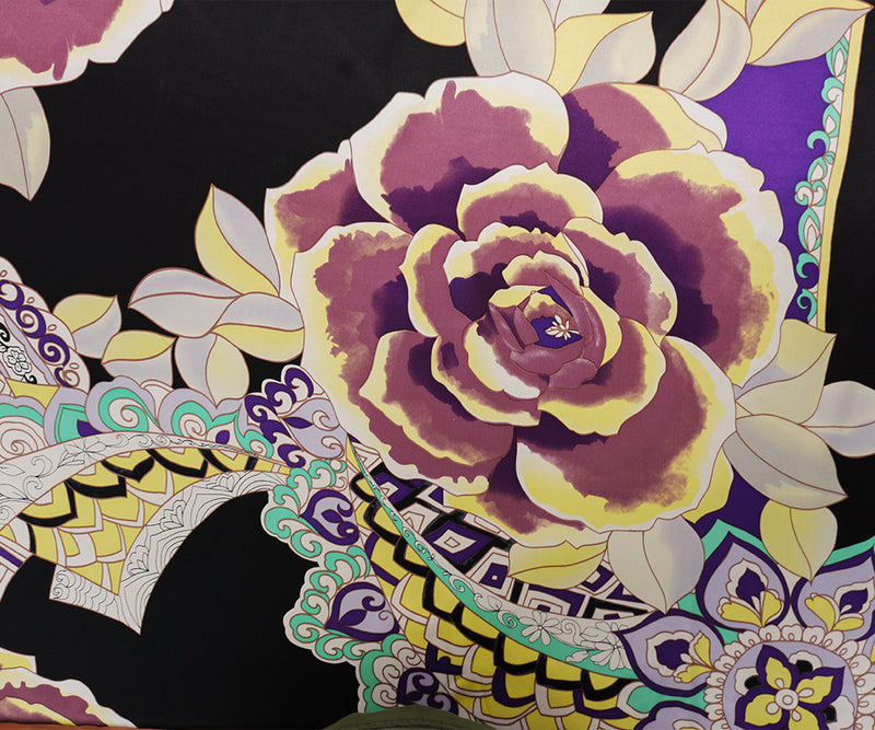 Black Silk Floral Printed Satin Woven Fabric