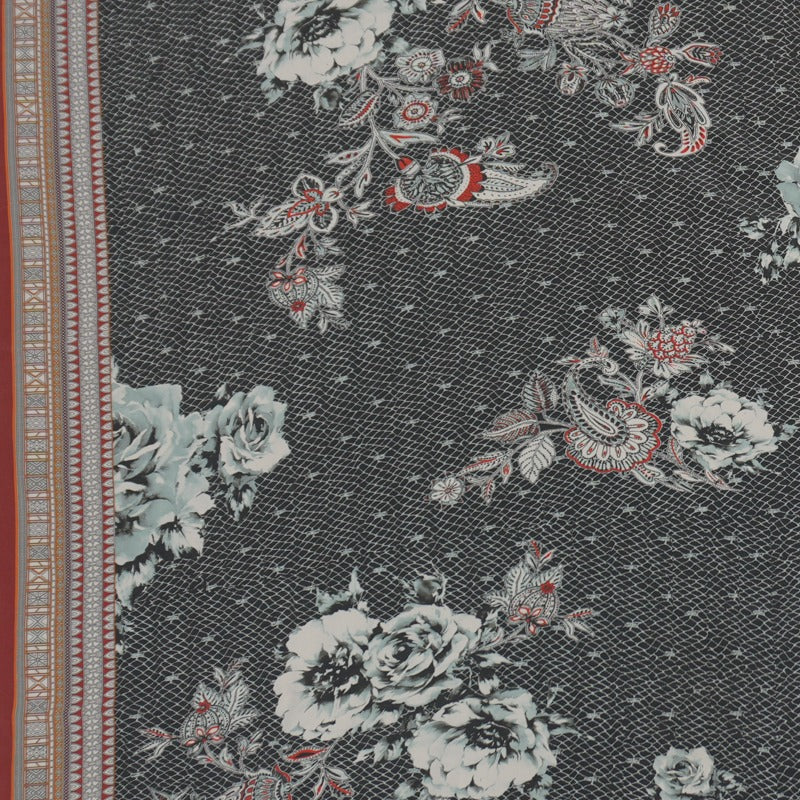 Black Silk Floral PANEL Border Printed Crepe De Chine Fabric