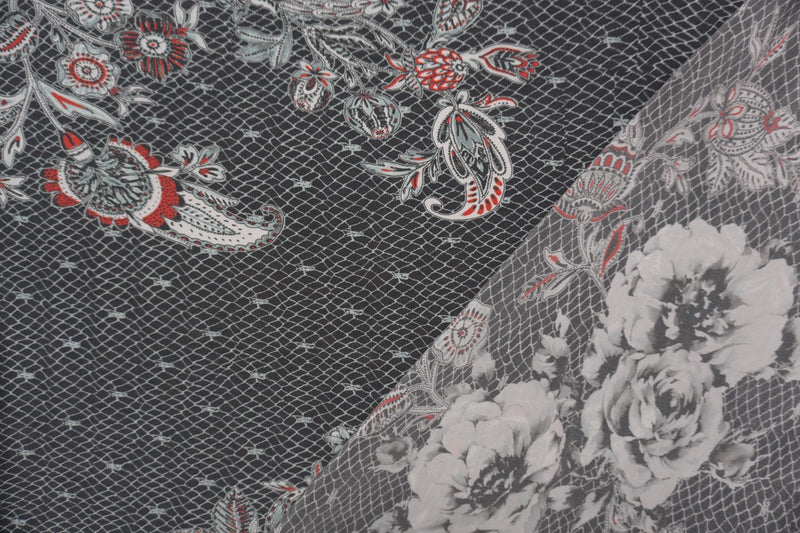 Black Silk Floral PANEL Border Printed Crepe De Chine Fabric