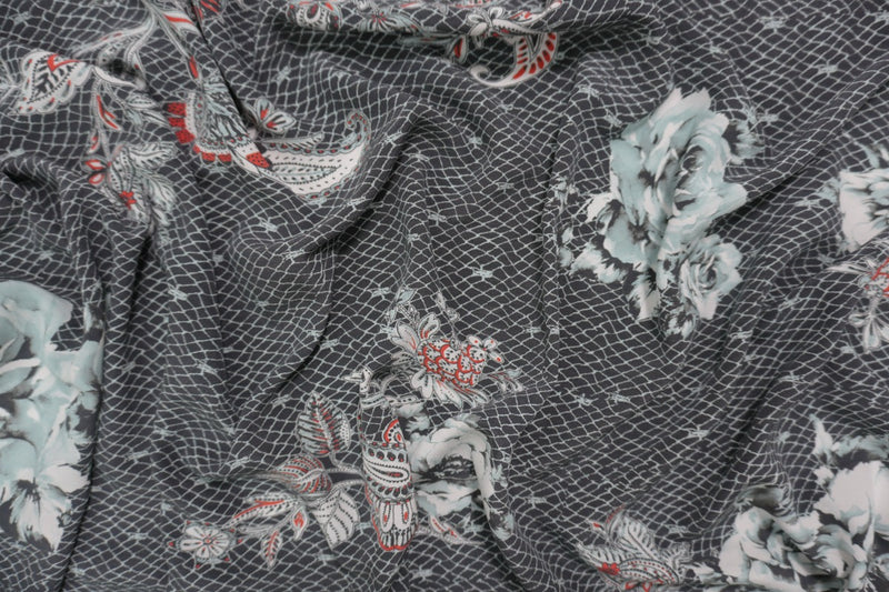 Black Silk Floral PANEL Border Printed Crepe De Chine Fabric