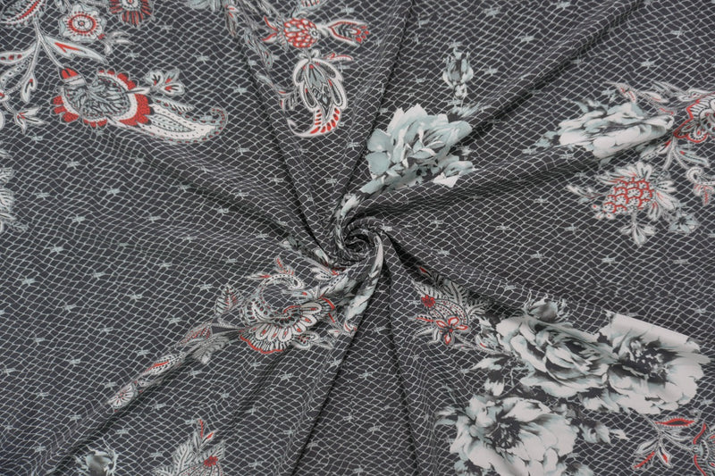 Black Silk Floral PANEL Border Printed Crepe De Chine Fabric