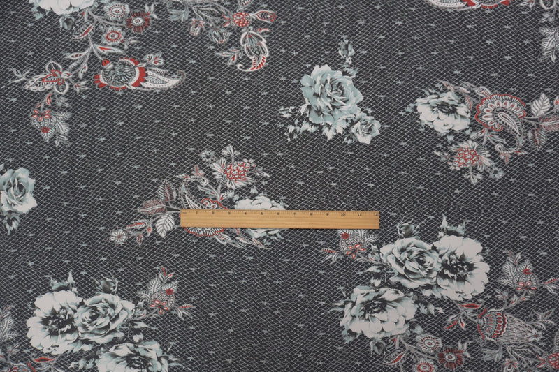 Black Silk Floral PANEL Border Printed Crepe De Chine Fabric