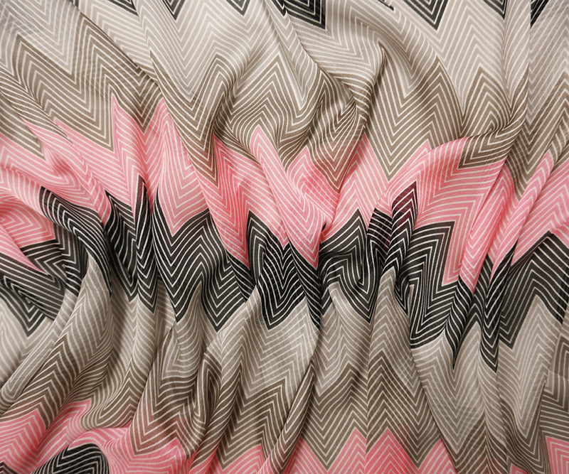 Pink-Gray-Muilti Silk Chevron Printed Chiffon Woven Fabric