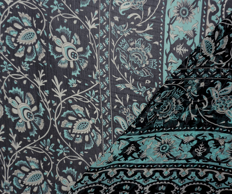 Black Silk Floral Border Printed PANEL Chiffon Woven Fabric
