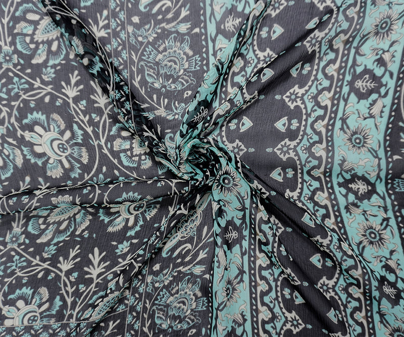 Black Silk Floral Border Printed PANEL Chiffon Woven Fabric