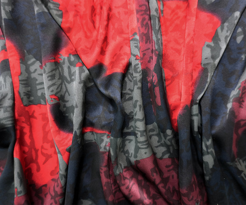 Black Silk Abstract Printed Satin Woven Fabric