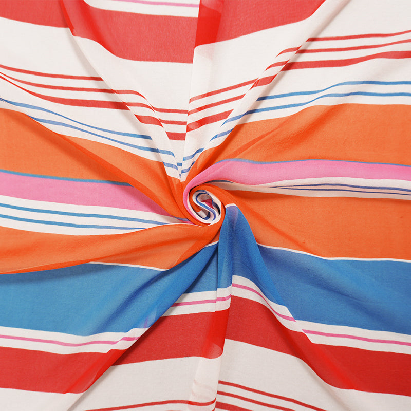 Orange-Multi Silk Stripe Printed Chiffon Woven Fabric