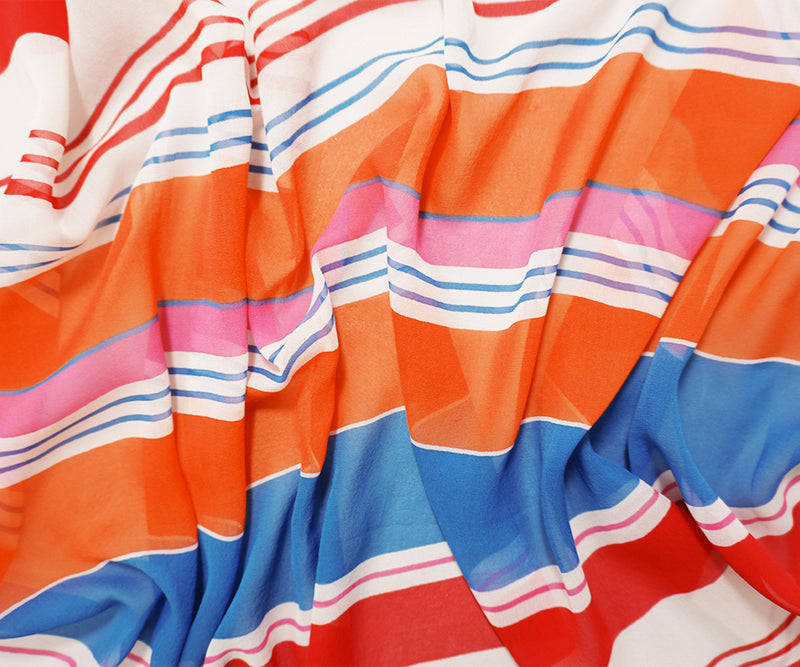 Orange-Multi Silk Stripe Printed Chiffon Woven Fabric