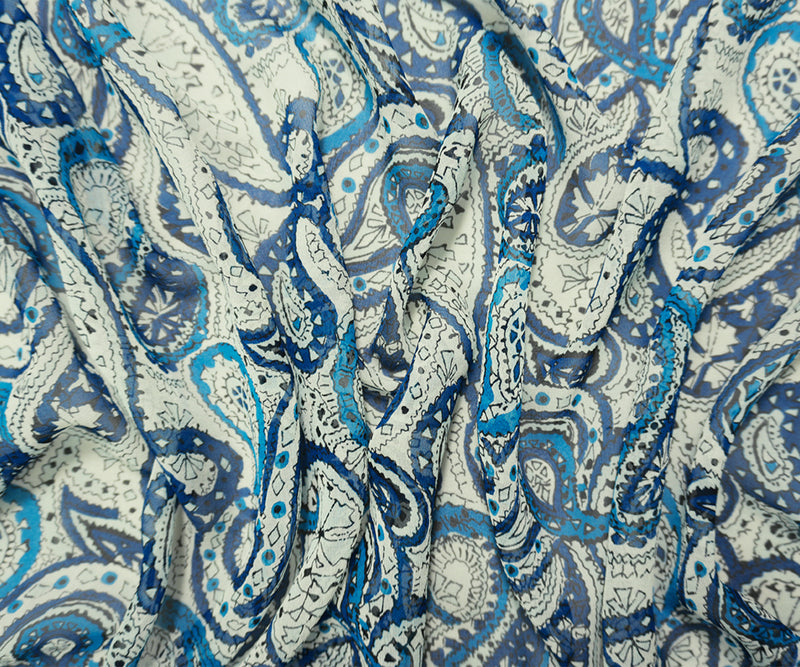 Blue Silk Paisley Printed Chiffon Woven Fabric