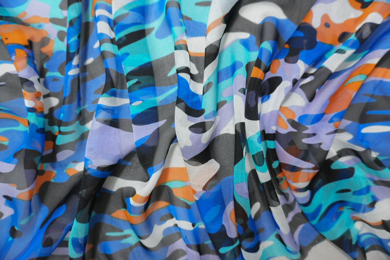Blue-Multi Silk Camo Printed Chiffon Woven Fabric
