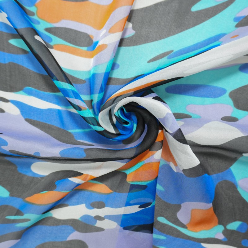 Blue-Multi Silk Camo Printed Chiffon Woven Fabric