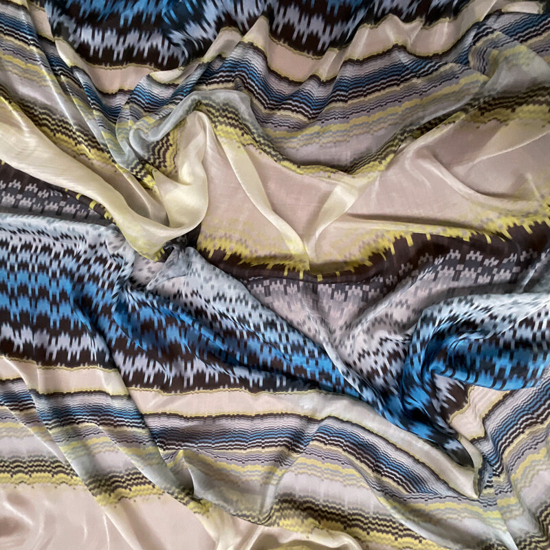 Yellow Silk Abstract Ikat Printed Chiffon Woven Fabric