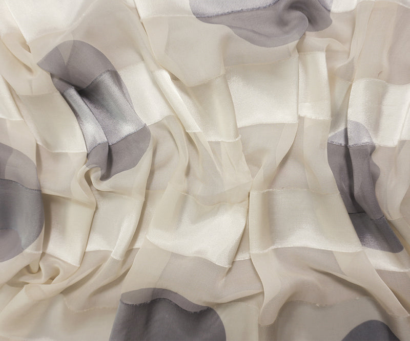 Ivory-Gray Silk-Rayon Circle Stripe Chiffon-Satin Woven Fabric