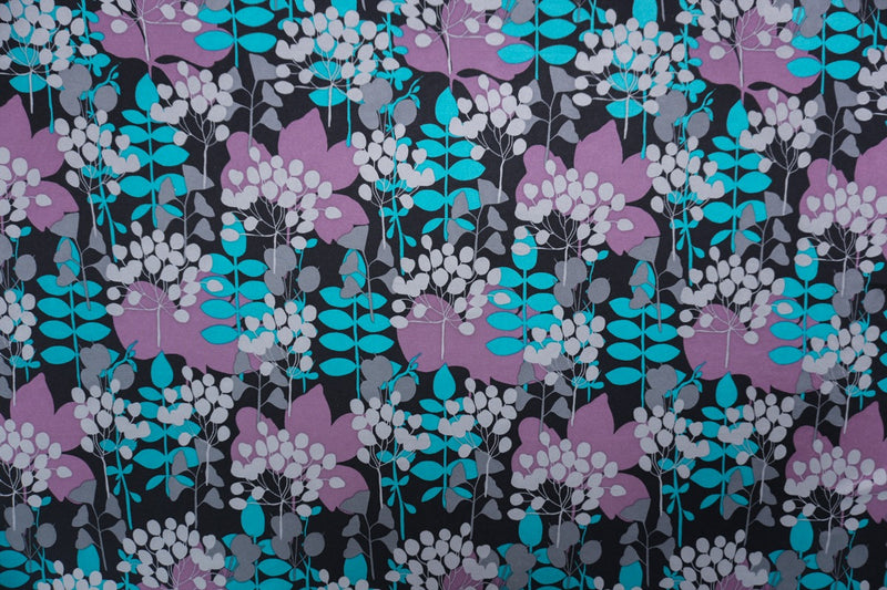 Black Silk Spandex Stretch Leaves Printed Interlock Knit Fabric