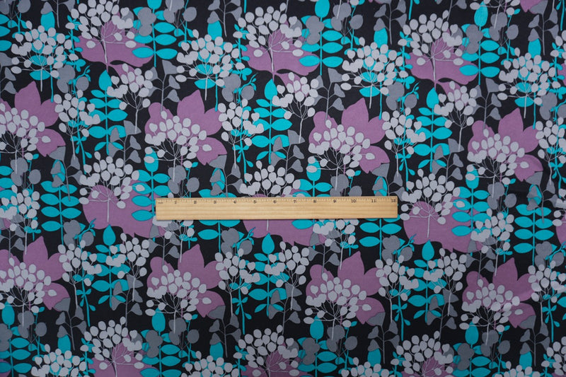 Black Silk Spandex Stretch Leaves Printed Interlock Knit Fabric