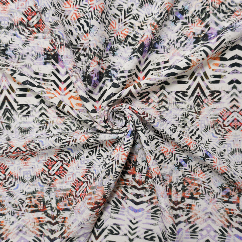 White Silk Abstract Aztec Printed Crepe De Chine Woven Fabric