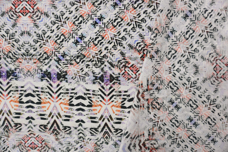White Silk Abstract Aztec Printed Crepe De Chine Woven Fabric