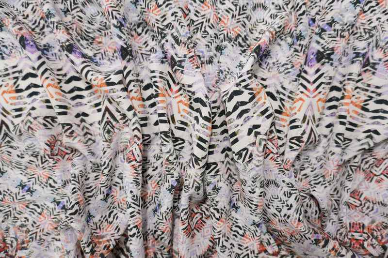 White Silk Abstract Aztec Printed Crepe De Chine Woven Fabric
