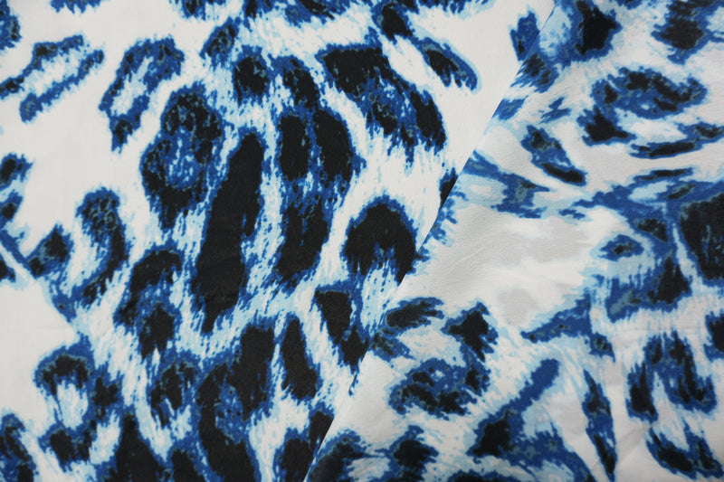 Blue Silk Abstract Leopard Printed Crepe De Chine Woven Fabric