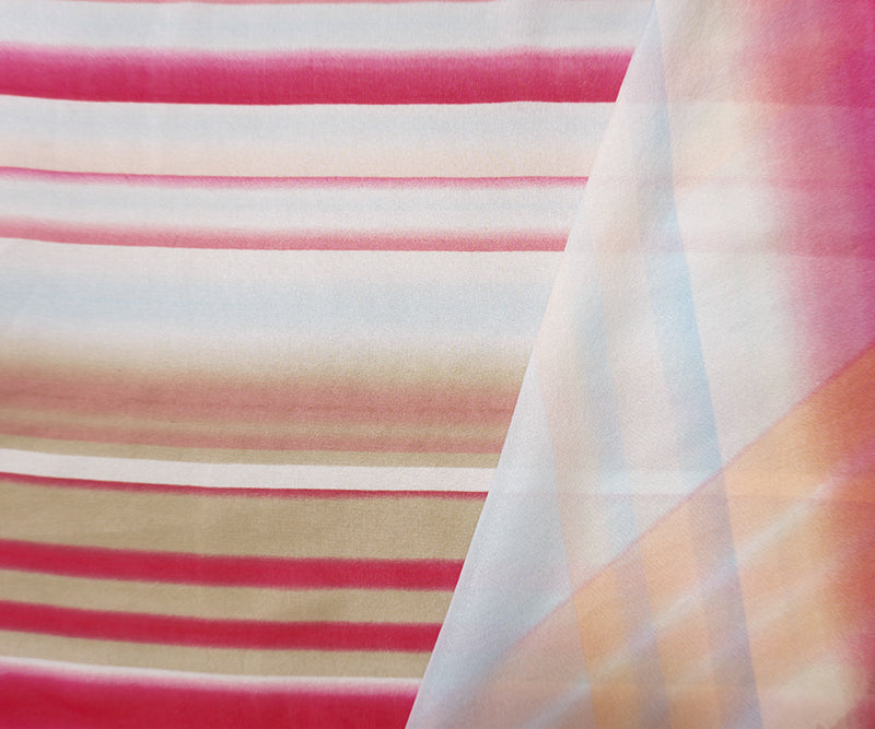 Pink-White-Multi Silk Ombre Stripe Printed Chiffon Woven Fabric